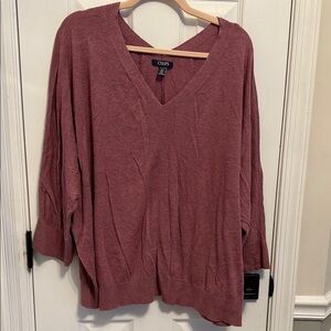 Chaps Women's Mauve V-Neck Dolman 3/4 Sleeve Sweater - Deep Rose Sz 2X